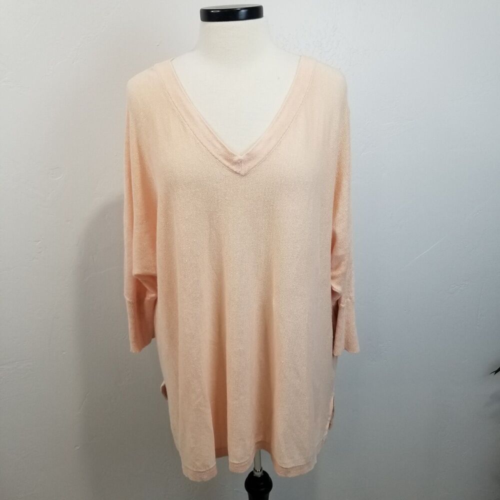 Garnet Hill Sweater 100% Linen Oversized V-Neck Rose Petal Pink 49409 3/4 Sleeve
